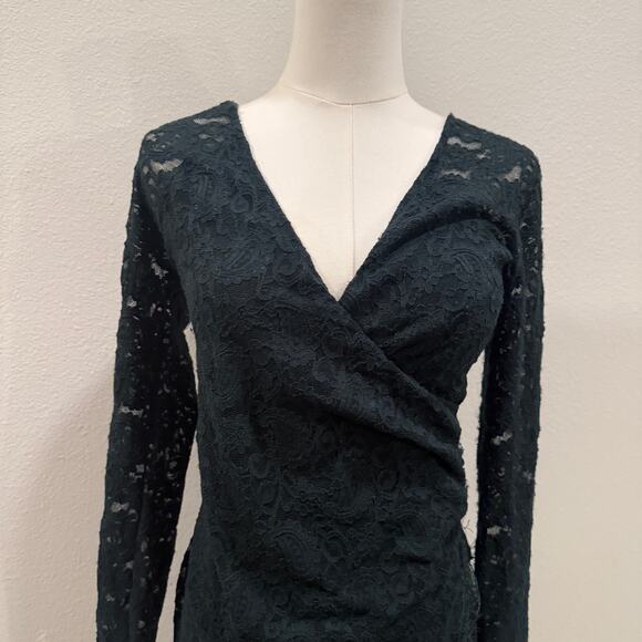 Free People Pearl Lace Mini Dress Forest Green XS Long Sleeve V Neck Holiday - Picture 4 of 10